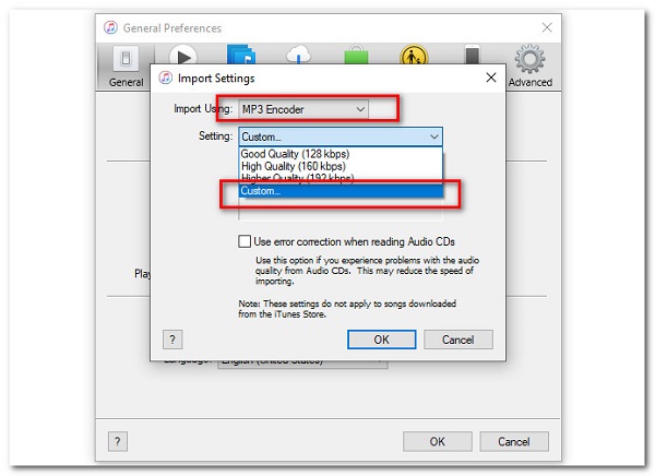 Compress Audio in iTunes Software Import Settings