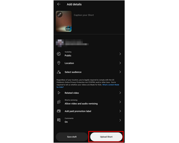 YouTube Shorts Upload Button