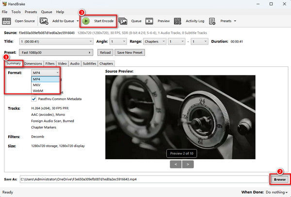 Choose Output Format And Location Then Start Encode