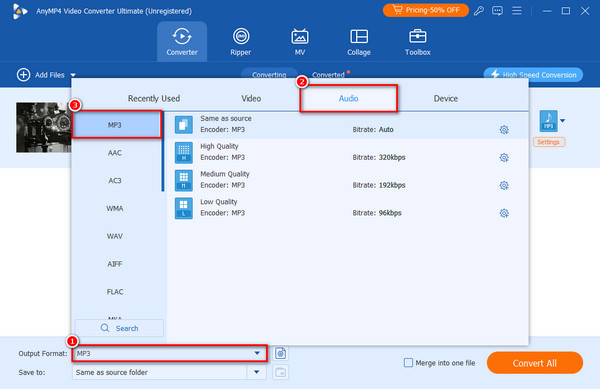 Click Option Box to Select Audio And Mp3 Format