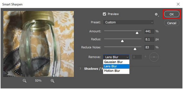 Photoshop Smart Sharpen OK Button