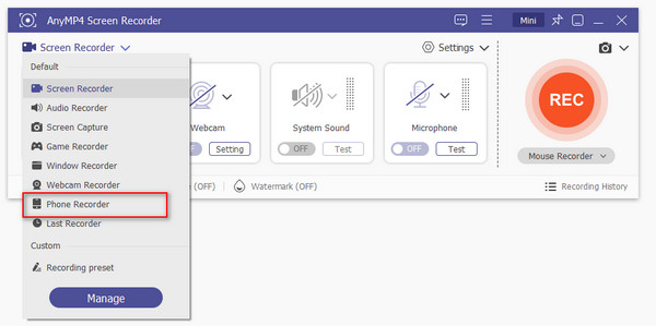 Anymp4 Screen Recorder Switch to Phone Recorder